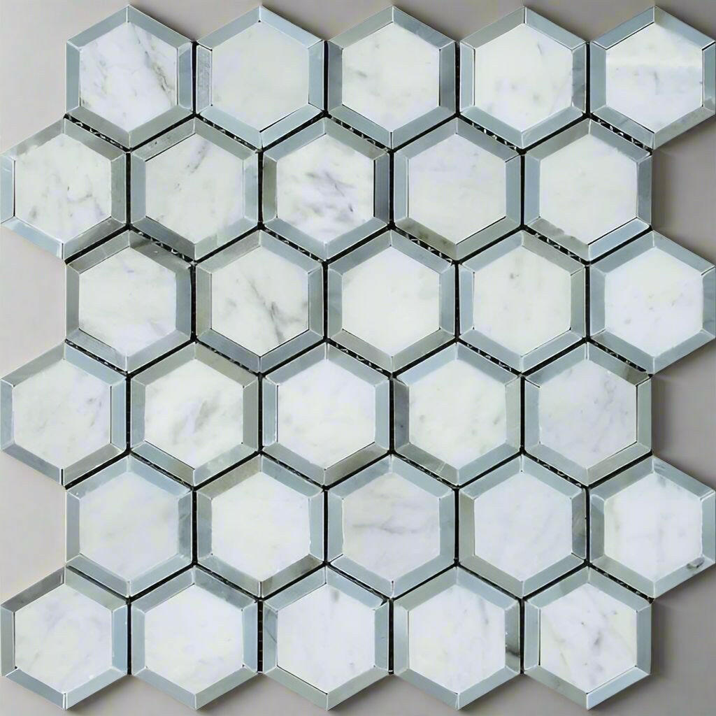Carrara White Marble Polished 2" Vortex Hexagon Mosaic Tile w/ Blue-Gray Border Carrara White Marble Polished 2" Vortex Hexagon Mosaic Tile w/ Blue-Gray Border - American Tile Depot
