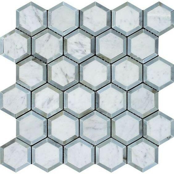 Carrara White Marble Polished 2" Vortex Hexagon Mosaic Tile w/ Blue-Gray Border - American Tile Depot