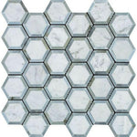 Carrara White Marble Polished 2" Vortex Hexagon Mosaic Tile w/ Blue-Gray Border - American Tile Depot