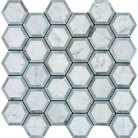 Carrara White Marble Polished 2" Vortex Hexagon Mosaic Tile w/ Blue-Gray Border - American Tile Depot
