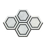 Carrara White Marble Polished 5" Hexagon Combination Mosaic Tile w/ Black Border - American Tile Depot