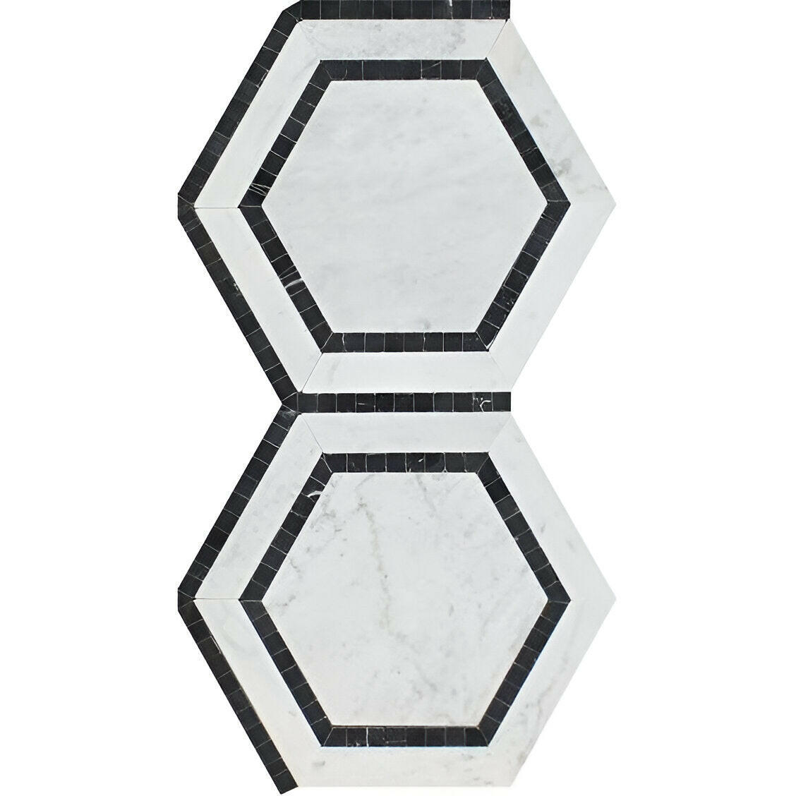 Carrara White Marble Polished 5" Hexagon Combination Mosaic Tile w/ Black Border - American Tile Depot