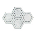Carrara White Marble Polished 5" Hexagon Combination Mosaic Tile w/ Blue-Gray Border - American Tile Depot