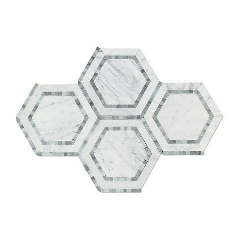 Carrara White Marble Polished 5" Hexagon Combination Mosaic Tile w/ Blue-Gray Border - American Tile Depot