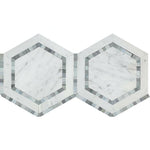 Carrara White Marble Polished 5" Hexagon Combination Mosaic Tile w/ Blue-Gray Border - American Tile Depot