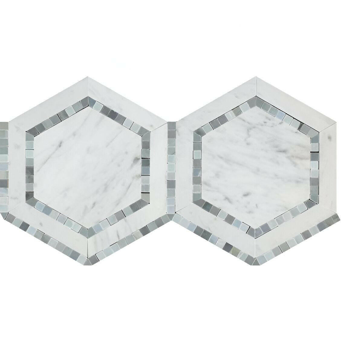Carrara White Marble Polished 5" Hexagon Combination Mosaic Tile w/ Blue-Gray Border Carrara White Marble Polished 5" Hexagon Combination Mosaic Tile w/ Blue-Gray Border - American Tile Depot