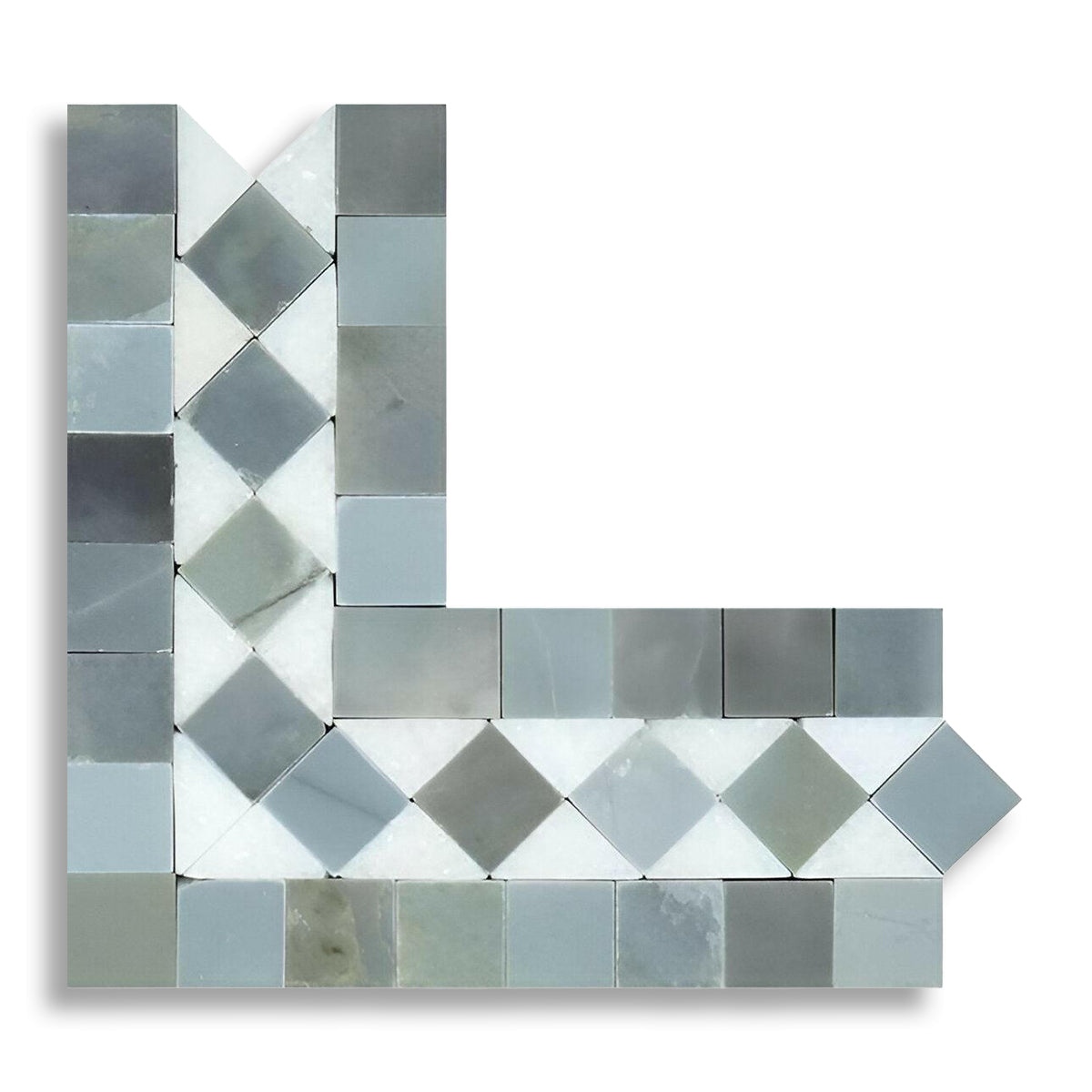 Carrara White Marble Polished BIAS Border Corner Listello w/ Blue-Gray Dots