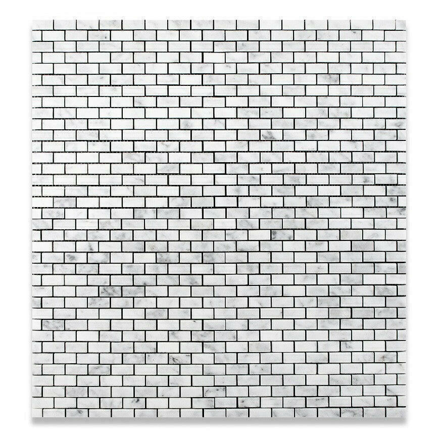 Carrara White Marble Polished Baby Brick Mosaic Tile | FINAL SALE Carrara White Marble Polished Baby Brick Mosaic Tile | FINAL SALE - American Tile Depot
