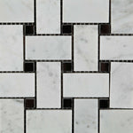 Carrara White Marble Polished Basketweave Mosaic Tile w/ Black Dots | FINAL SALE Carrara White Marble Polished Basketweave Mosaic Tile w/ Black Dots | FINAL SALE - American Tile Depot