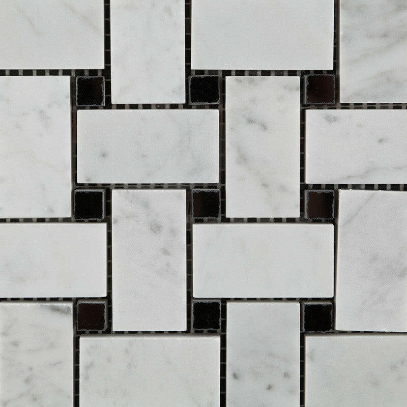 Carrara White Marble Polished Basketweave Mosaic Tile w/ Black Dots | FINAL SALE Carrara White Marble Polished Basketweave Mosaic Tile w/ Black Dots | FINAL SALE - American Tile Depot
