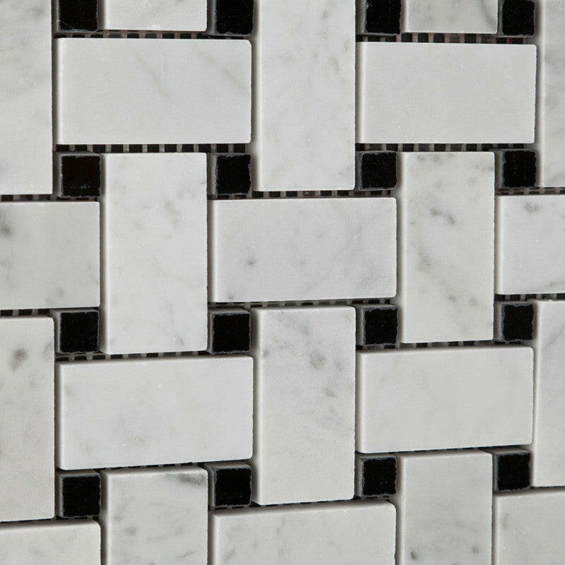Carrara White Marble Polished Basketweave Mosaic Tile w/ Black Dots | FINAL SALE Carrara White Marble Polished Basketweave Mosaic Tile w/ Black Dots | FINAL SALE - American Tile Depot