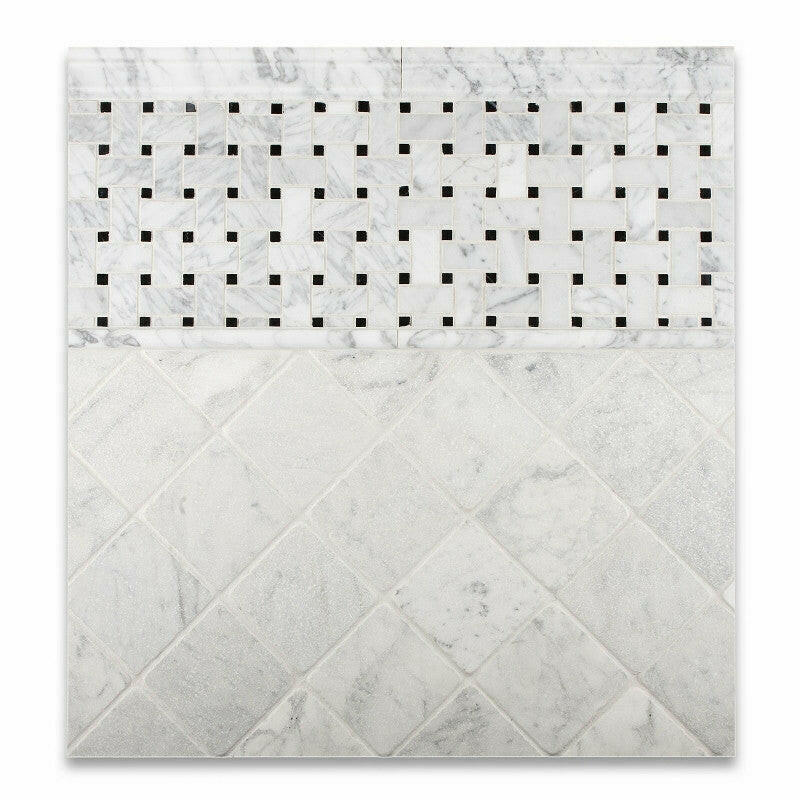 Carrara White Marble Polished Basketweave Mosaic Tile w/ Black Dots | FINAL SALE Carrara White Marble Polished Basketweave Mosaic Tile w/ Black Dots | FINAL SALE - American Tile Depot