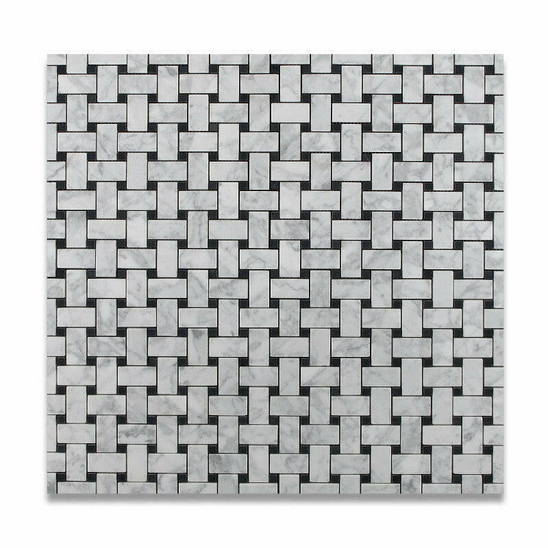 Carrara White Marble Polished Basketweave Mosaic Tile w/ Black Dots | FINAL SALE Carrara White Marble Polished Basketweave Mosaic Tile w/ Black Dots | FINAL SALE - American Tile Depot