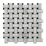 Carrara White Marble Polished Basketweave Mosaic Tile w/ Black Dots | FINAL SALE Carrara White Marble Polished Basketweave Mosaic Tile w/ Black Dots | FINAL SALE - American Tile Depot