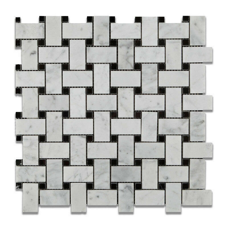 Carrara White Marble Polished Basketweave Mosaic Tile w/ Black Dots | FINAL SALE Carrara White Marble Polished Basketweave Mosaic Tile w/ Black Dots | FINAL SALE - American Tile Depot