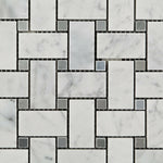 Carrara White Marble Polished Basketweave Mosaic Tile w/ Blue-Gray Dots | FINAL SALE Carrara White Marble Polished Basketweave Mosaic Tile w/ Blue-Gray Dots | FINAL SALE - American Tile Depot