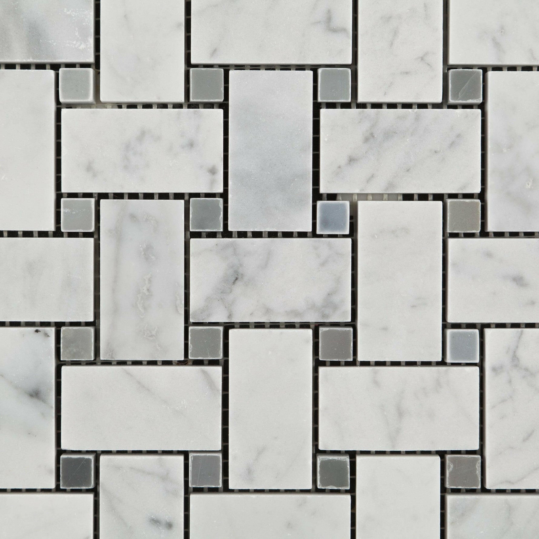Carrara White Marble Polished Basketweave Mosaic Tile w/ Blue-Gray Dots | FINAL SALE Carrara White Marble Polished Basketweave Mosaic Tile w/ Blue-Gray Dots | FINAL SALE - American Tile Depot
