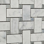 Carrara White Marble Polished Basketweave Mosaic Tile w/ Blue-Gray Dots | FINAL SALE Carrara White Marble Polished Basketweave Mosaic Tile w/ Blue-Gray Dots | FINAL SALE - American Tile Depot