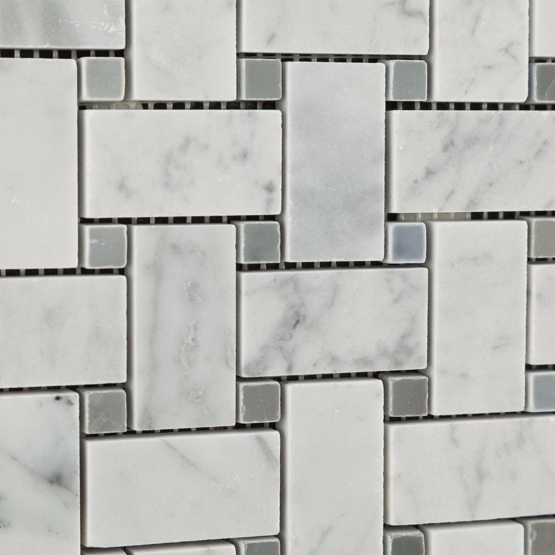 Carrara White Marble Polished Basketweave Mosaic Tile w/ Blue-Gray Dots | FINAL SALE Carrara White Marble Polished Basketweave Mosaic Tile w/ Blue-Gray Dots | FINAL SALE - American Tile Depot
