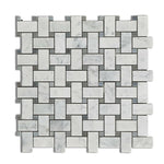 Carrara White Marble Polished Basketweave Mosaic Tile w/ Blue-Gray Dots | FINAL SALE Carrara White Marble Polished Basketweave Mosaic Tile w/ Blue-Gray Dots | FINAL SALE - American Tile Depot