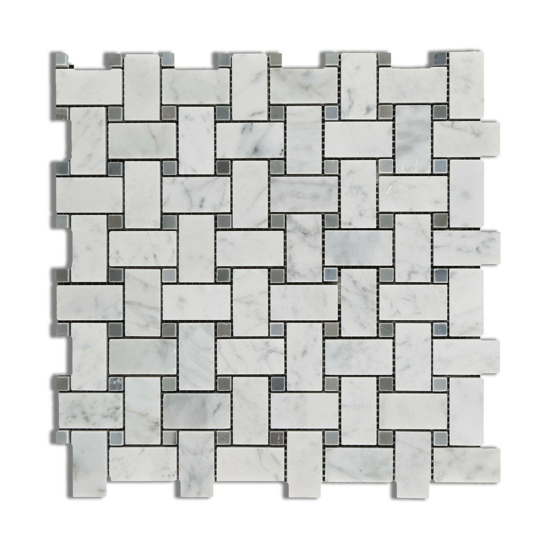 Carrara White Marble Polished Basketweave Mosaic Tile w/ Blue-Gray Dots | FINAL SALE Carrara White Marble Polished Basketweave Mosaic Tile w/ Blue-Gray Dots | FINAL SALE - American Tile Depot