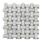 Carrara White Marble Polished Basketweave Mosaic Tile w/ Blue-Gray Dots | FINAL SALE Carrara White Marble Polished Basketweave Mosaic Tile w/ Blue-Gray Dots | FINAL SALE - American Tile Depot