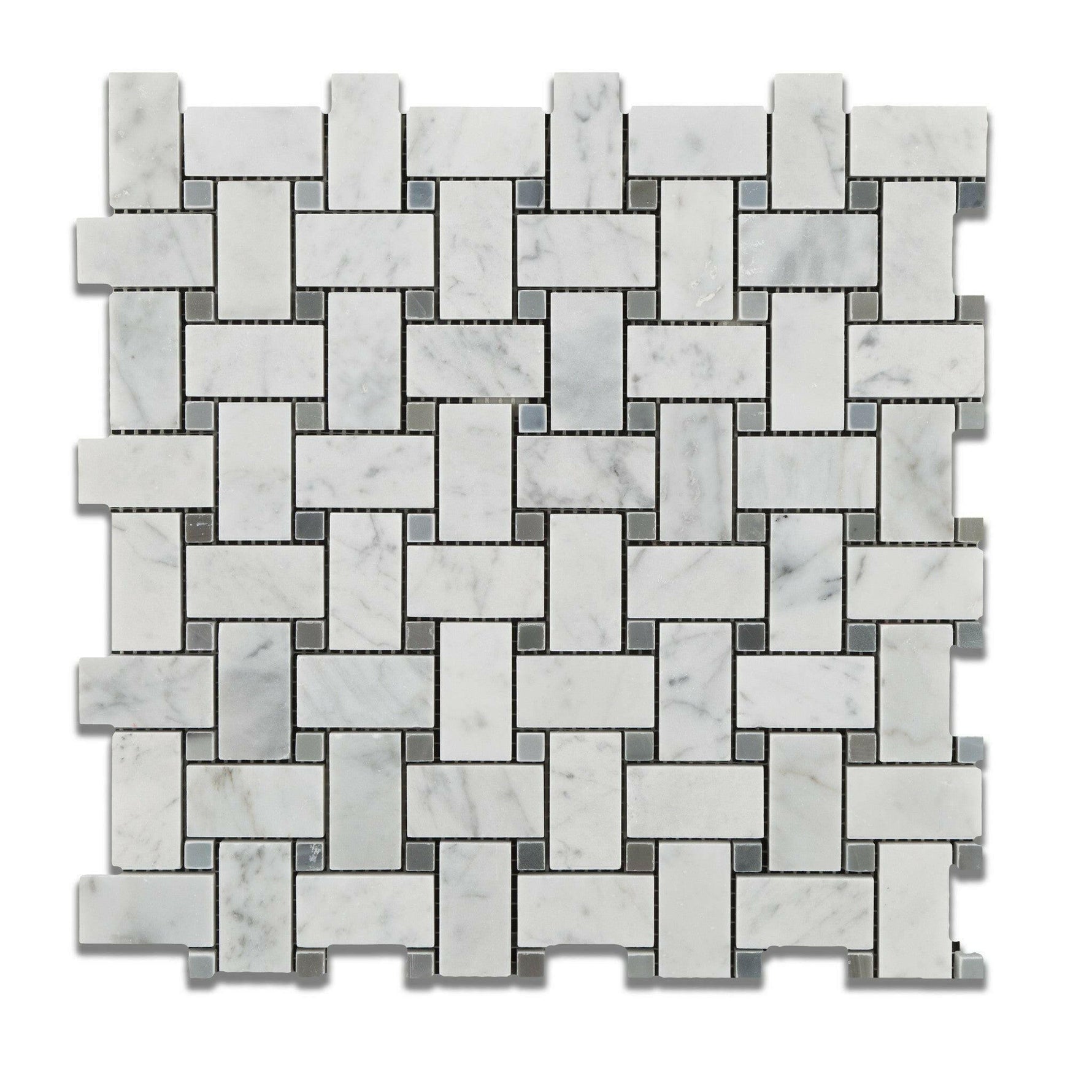 Carrara White Marble Polished Basketweave Mosaic Tile w/ Blue-Gray Dots | FINAL SALE Carrara White Marble Polished Basketweave Mosaic Tile w/ Blue-Gray Dots | FINAL SALE - American Tile Depot