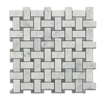 Carrara White Marble Polished Basketweave Mosaic Tile w/ Blue-Gray Dots | FINAL SALE Carrara White Marble Polished Basketweave Mosaic Tile w/ Blue-Gray Dots | FINAL SALE - American Tile Depot