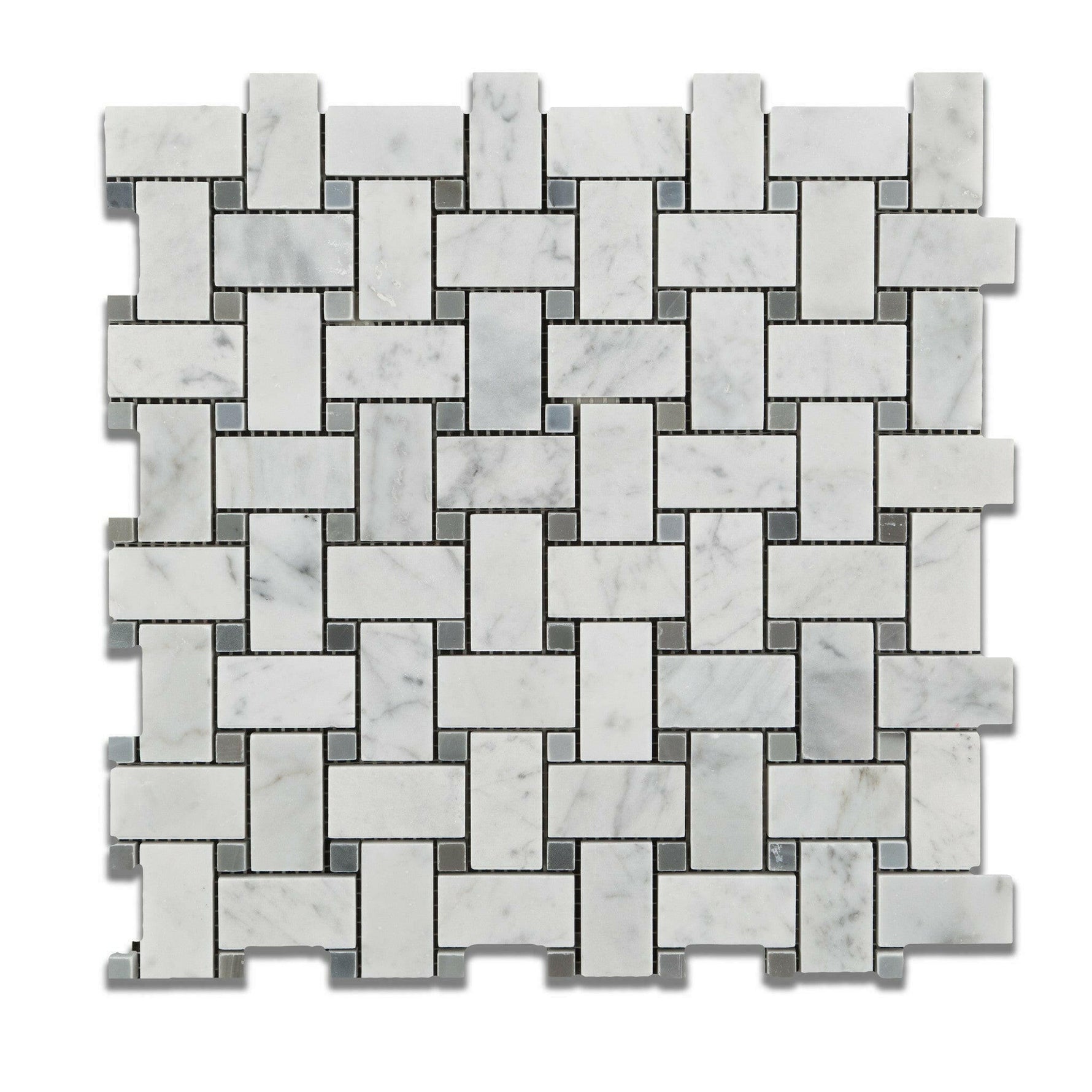 Carrara White Marble Polished Basketweave Mosaic Tile w/ Blue-Gray Dots | FINAL SALE Carrara White Marble Polished Basketweave Mosaic Tile w/ Blue-Gray Dots | FINAL SALE - American Tile Depot