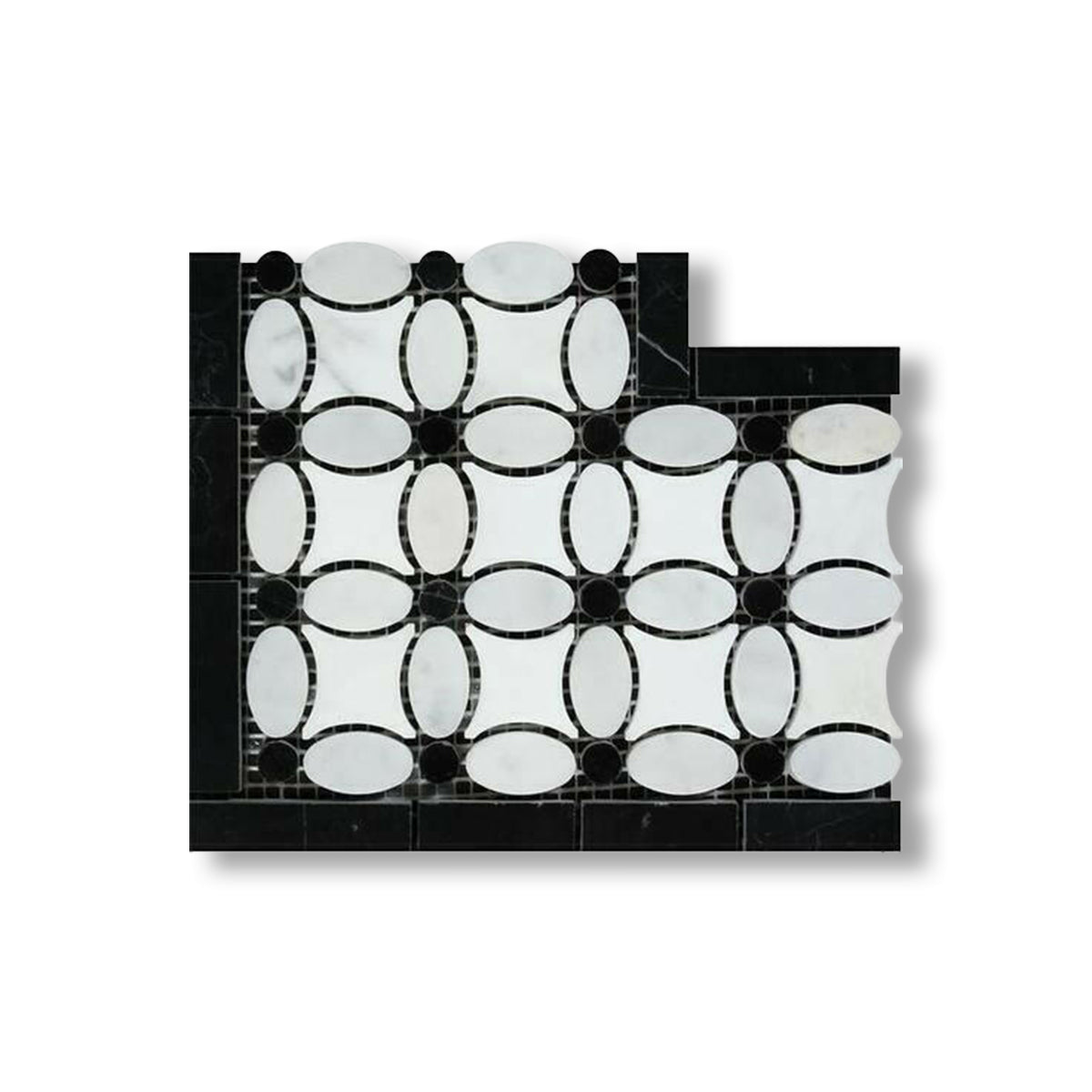 Carrara White Marble Honed Florida Flower Border Corner w/ Black Dots - American Tile Depot