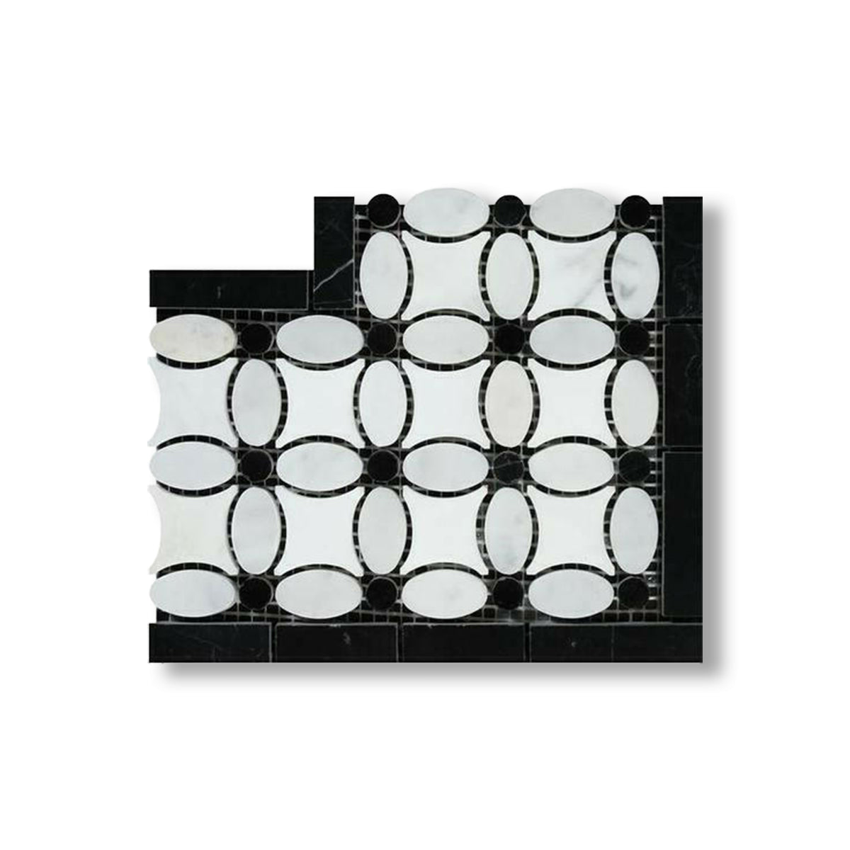 Carrara White Marble Polished Florida Flower Border Corner w/ Black Dots - American Tile Depot