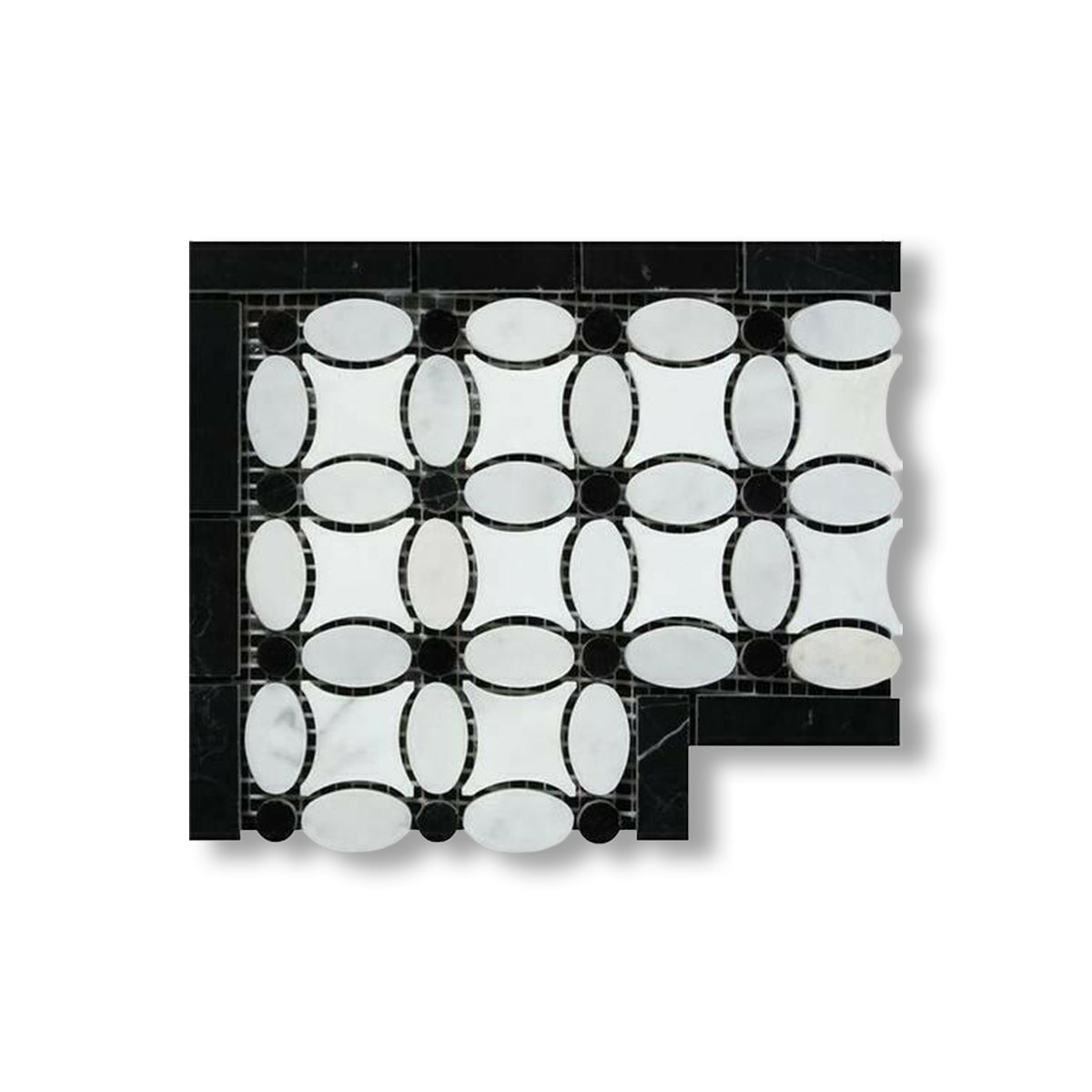 Carrara White Marble Honed Florida Flower Border Corner w/ Black Dots - American Tile Depot