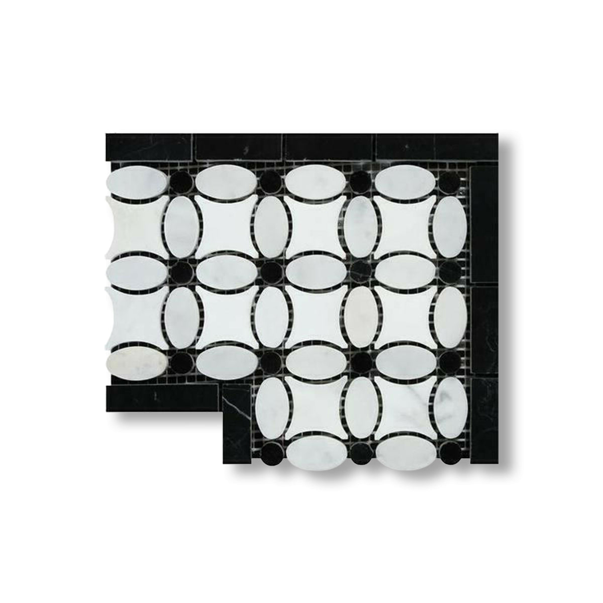 Carrara White Marble Polished Florida Flower Border Corner w/ Black Dots - American Tile Depot