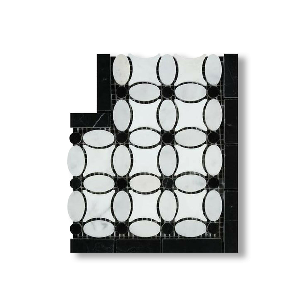 Carrara White Marble Polished Florida Flower Border Corner w/ Black Dots - American Tile Depot