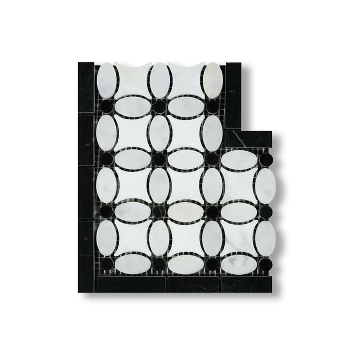 Carrara White Marble Polished Florida Flower Border Corner w/ Black Dots - American Tile Depot