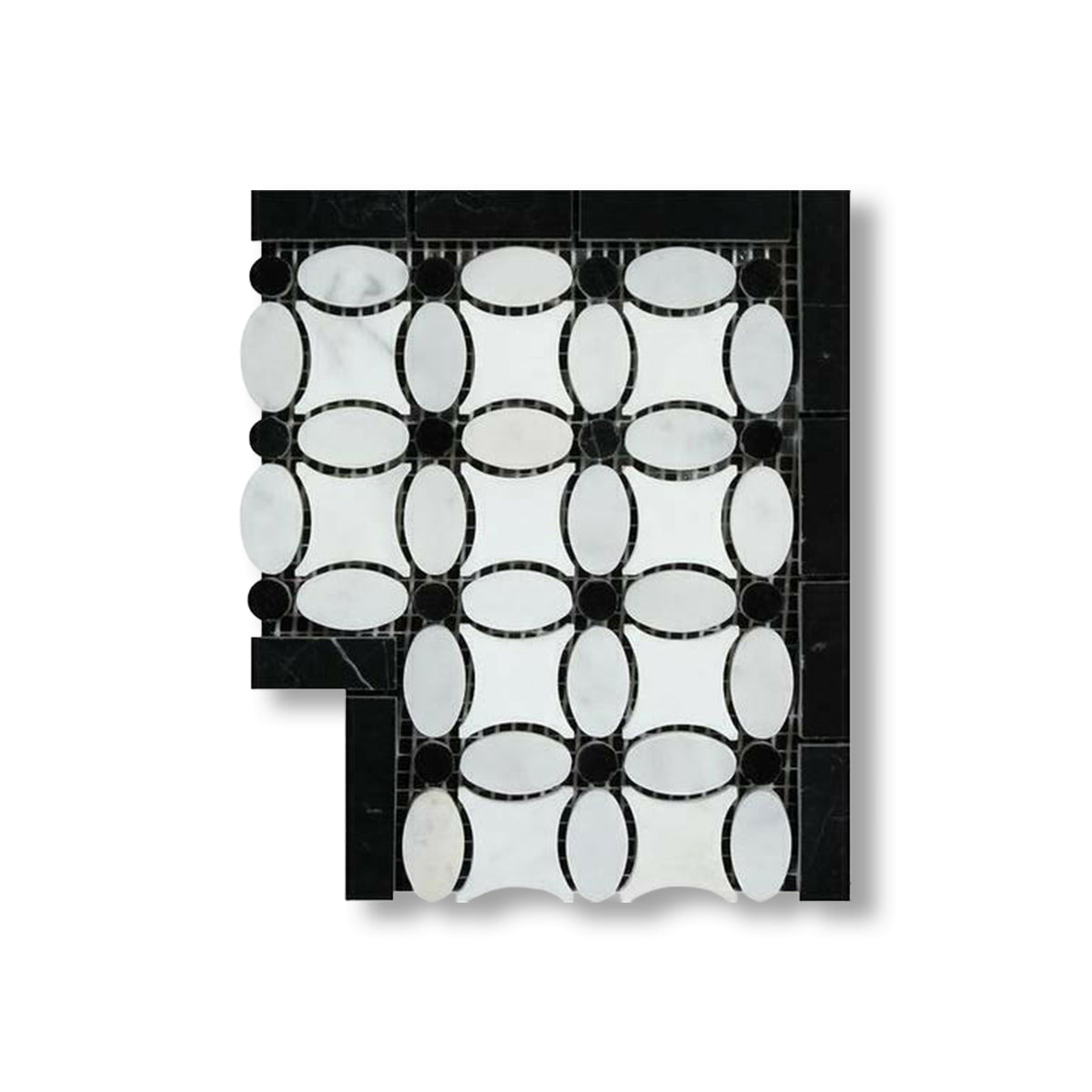 Carrara White Marble Polished Florida Flower Border Corner w/ Black Dots - American Tile Depot