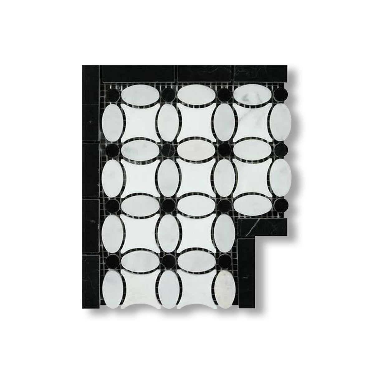 Carrara White Marble Honed Florida Flower Border Corner w/ Black Dots - American Tile Depot
