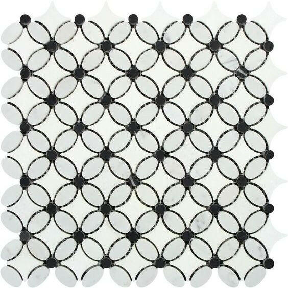 Carrara White Marble Polished Florida Flower Mosaic Tile w/ Black Dots Carrara White Marble Polished Florida Flower Mosaic Tile w/ Black Dots - American Tile Depot
