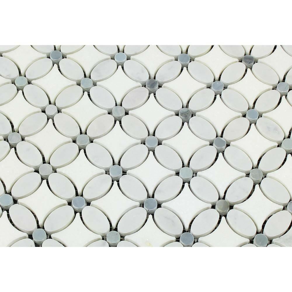 Carrara White Marble Polished Florida Flower Mosaic Tile w/ Blue-Gray Dots Carrara White Marble Polished Florida Flower Mosaic Tile w/ Blue-Gray Dots - American Tile Depot