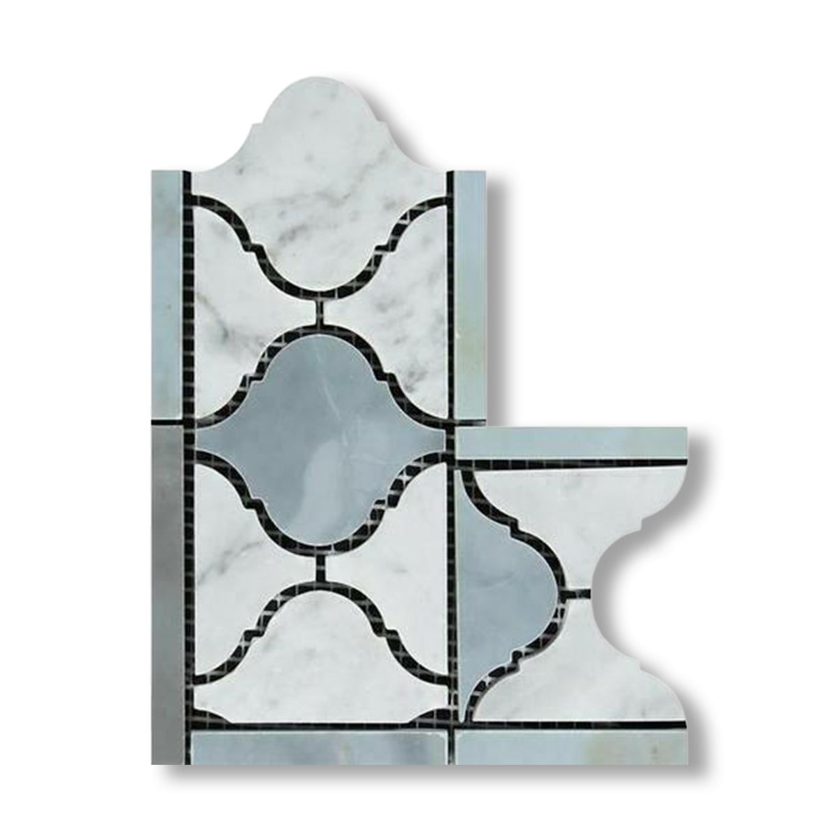 Carrara White Marble Polished Lantern Border Corner w/ Blue-Gray Dots - American Tile Depot