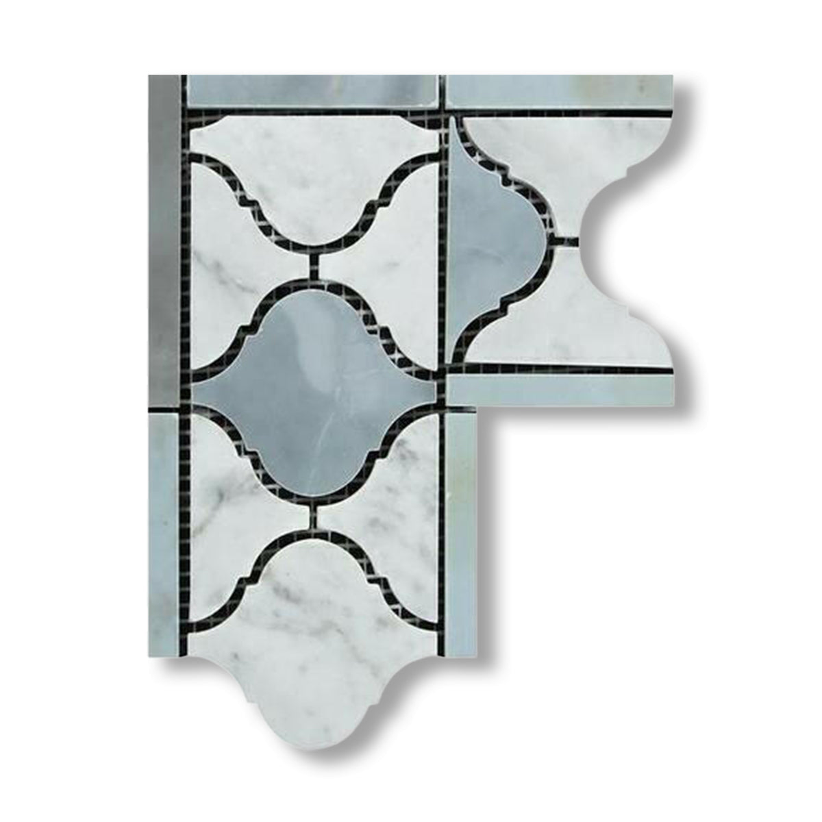 Carrara White Marble Honed Lantern Border Corner w/ Blue-Gray Dots - American Tile Depot