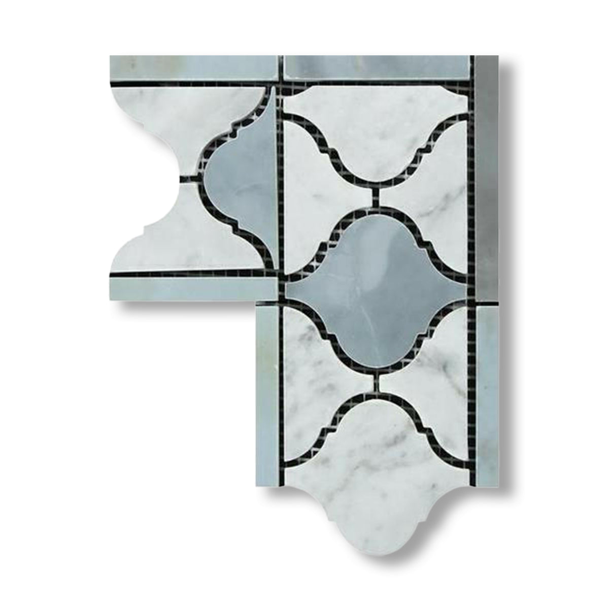 Carrara White Marble Honed Lantern Border Corner w/ Blue-Gray Dots - American Tile Depot