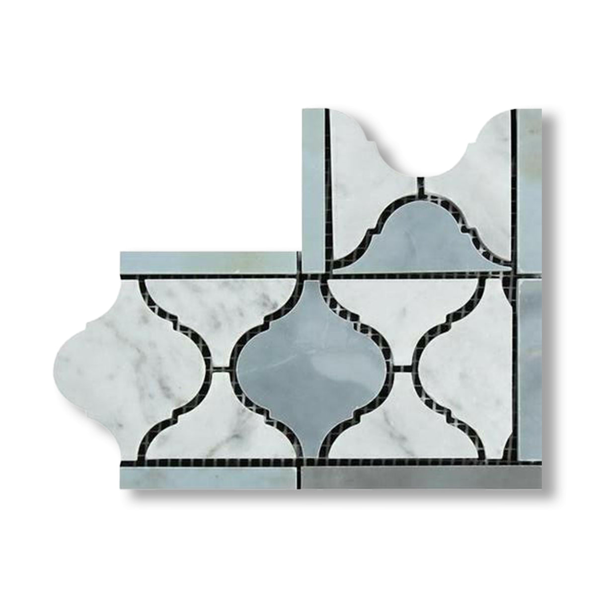 Carrara White Marble Honed Lantern Border Corner w/ Blue-Gray Dots - American Tile Depot