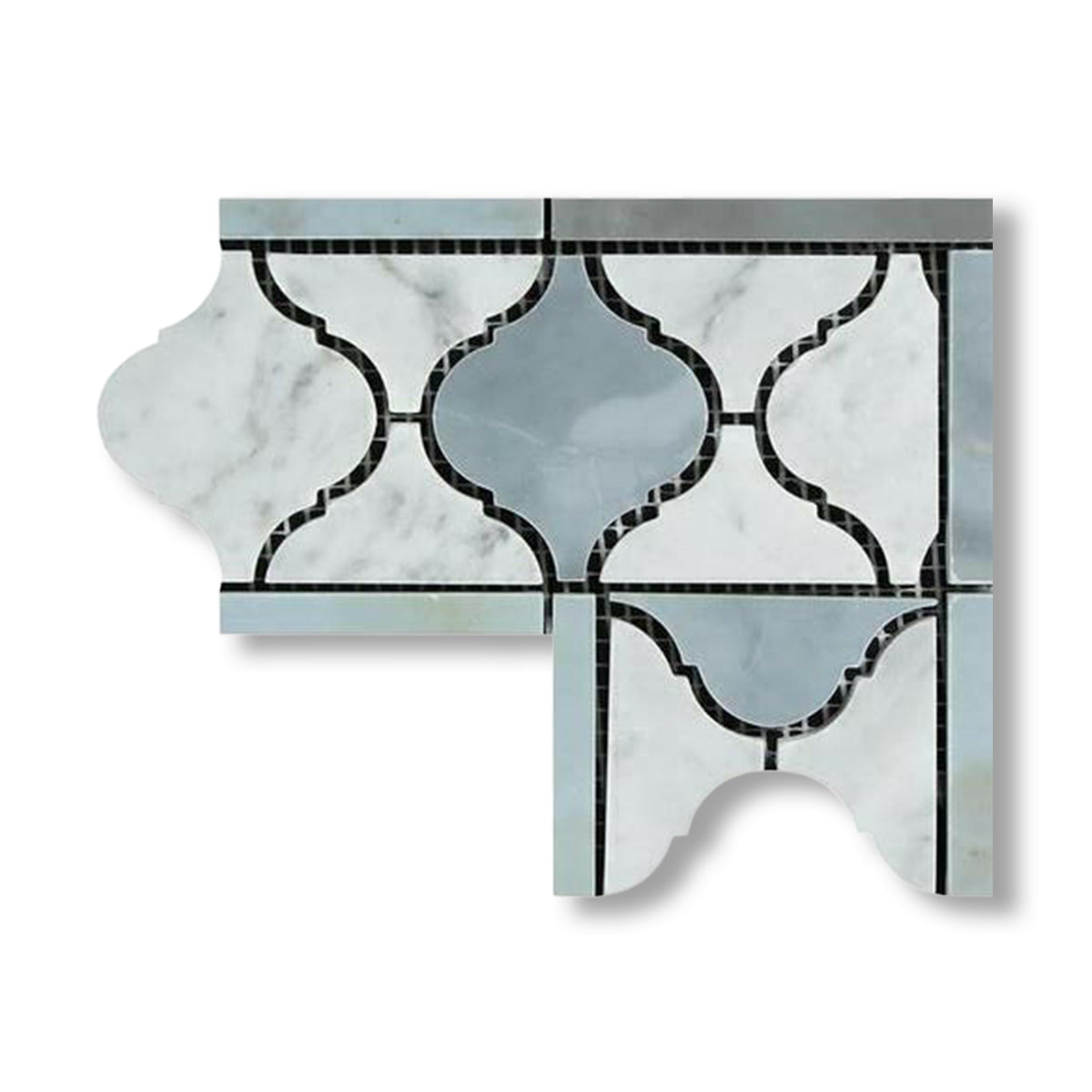 Carrara White Marble Honed Lantern Border Corner w/ Blue-Gray Dots - American Tile Depot