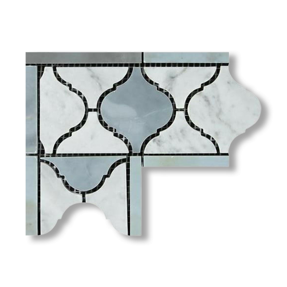 Carrara White Marble Honed Lantern Border Corner w/ Blue-Gray Dots - American Tile Depot