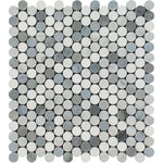 Carrara White Marble Polished Penny Round Mosaic Tile w/ Carrara + Thassos + Blue-Gray Dots Carrara White Marble Polished Penny Round Mosaic Tile w/ Carrara + Thassos + Blue-Gray Dots - American Tile Depot