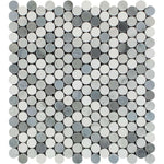 Carrara White Marble Polished Penny Round Mosaic Tile w/ Carrara + Thassos + Blue-Gray Dots Carrara White Marble Polished Penny Round Mosaic Tile w/ Carrara + Thassos + Blue-Gray Dots - American Tile Depot