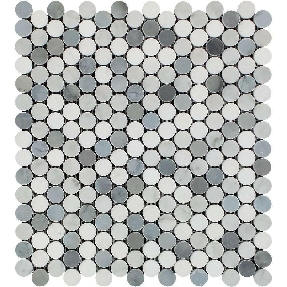Carrara White Marble Polished Penny Round Mosaic Tile w/ Carrara + Thassos + Blue-Gray Dots Carrara White Marble Polished Penny Round Mosaic Tile w/ Carrara + Thassos + Blue-Gray Dots - American Tile Depot