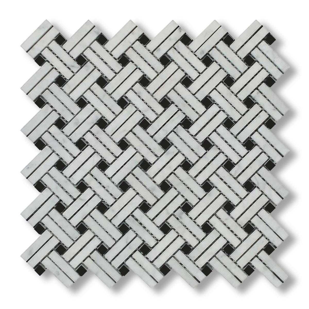 Carrara White Marble Polished Stanza Basketweave Mosaic Tile w/ Black Dots - American Tile Depot