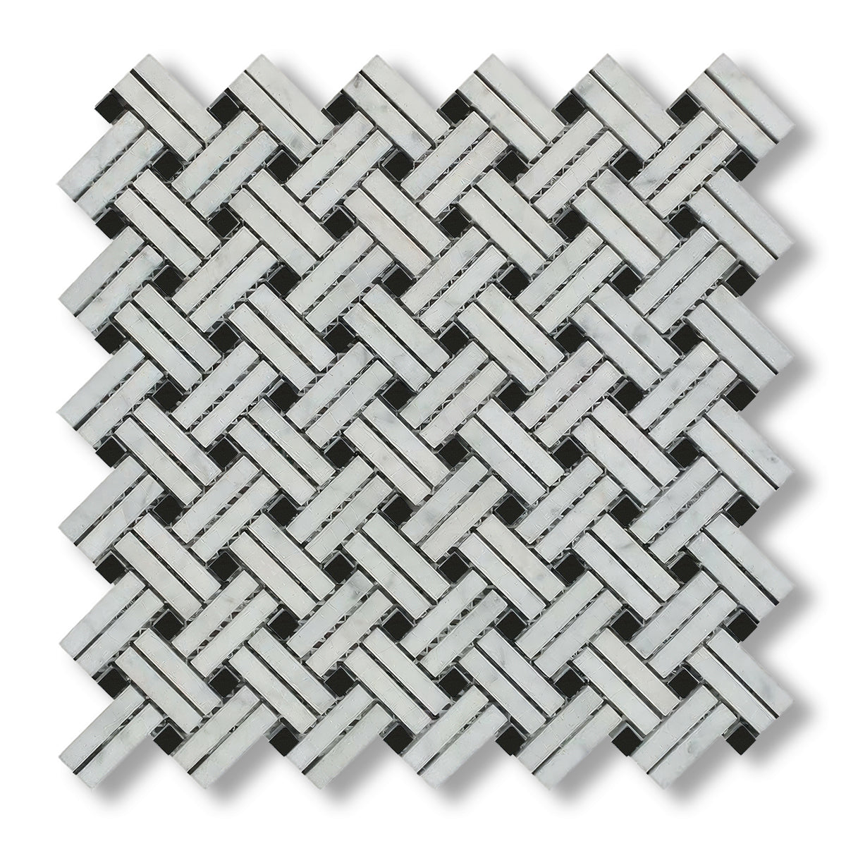 Carrara White Marble Polished Stanza Basketweave Mosaic Tile w/ Black Dots - American Tile Depot